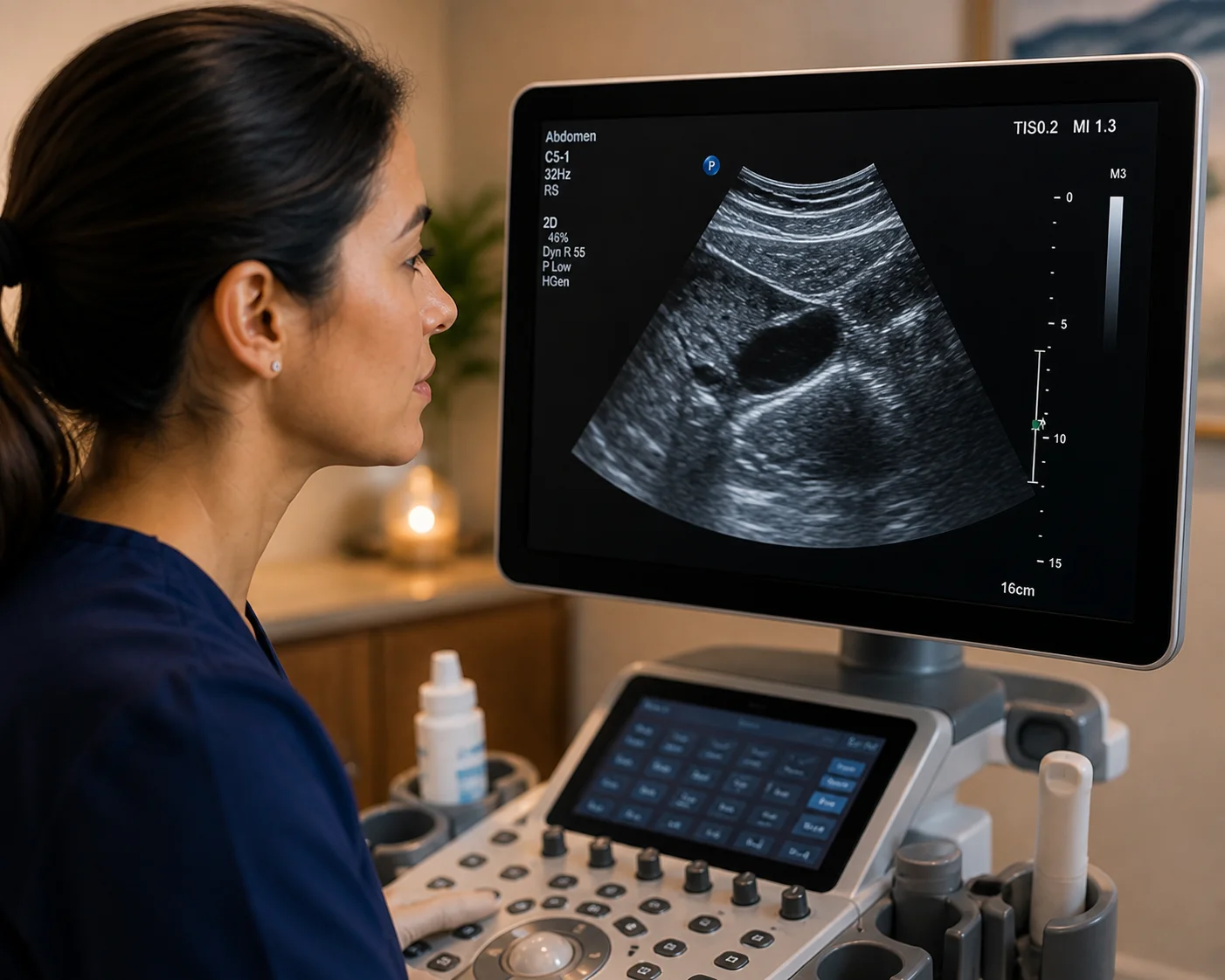 Sonographer analyzing abdominal ultrasound images on monitor