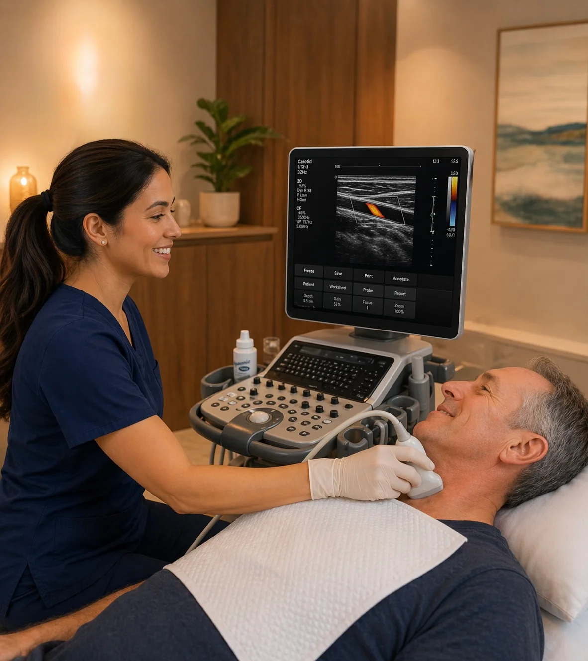 Sonographer performing a carotid artery ultrasound screening on a patient