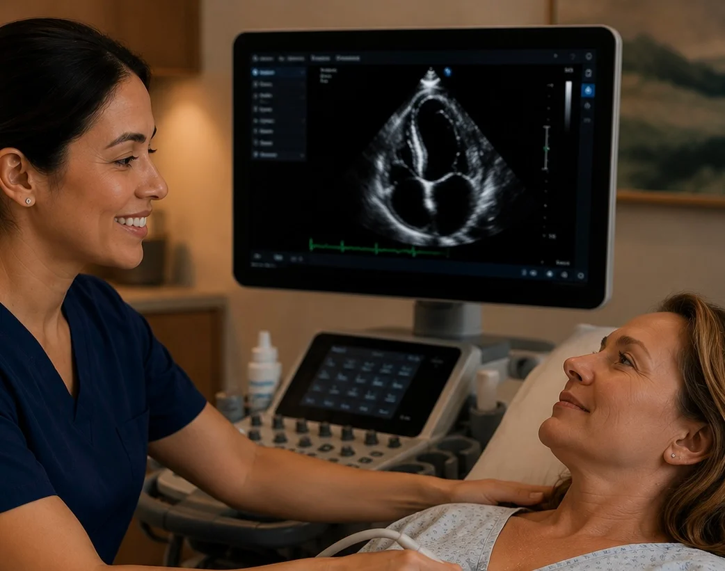 Sonographer analyzing echocardiogram images on monitor