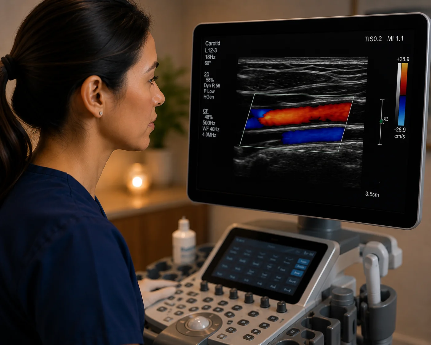 Sonographer analyzing leg arterial ultrasound with color doppler showing blood flow
