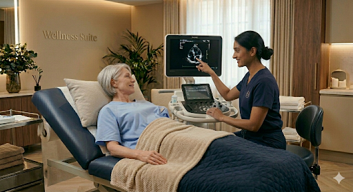 Sonographer reviewing ultrasound results with patient