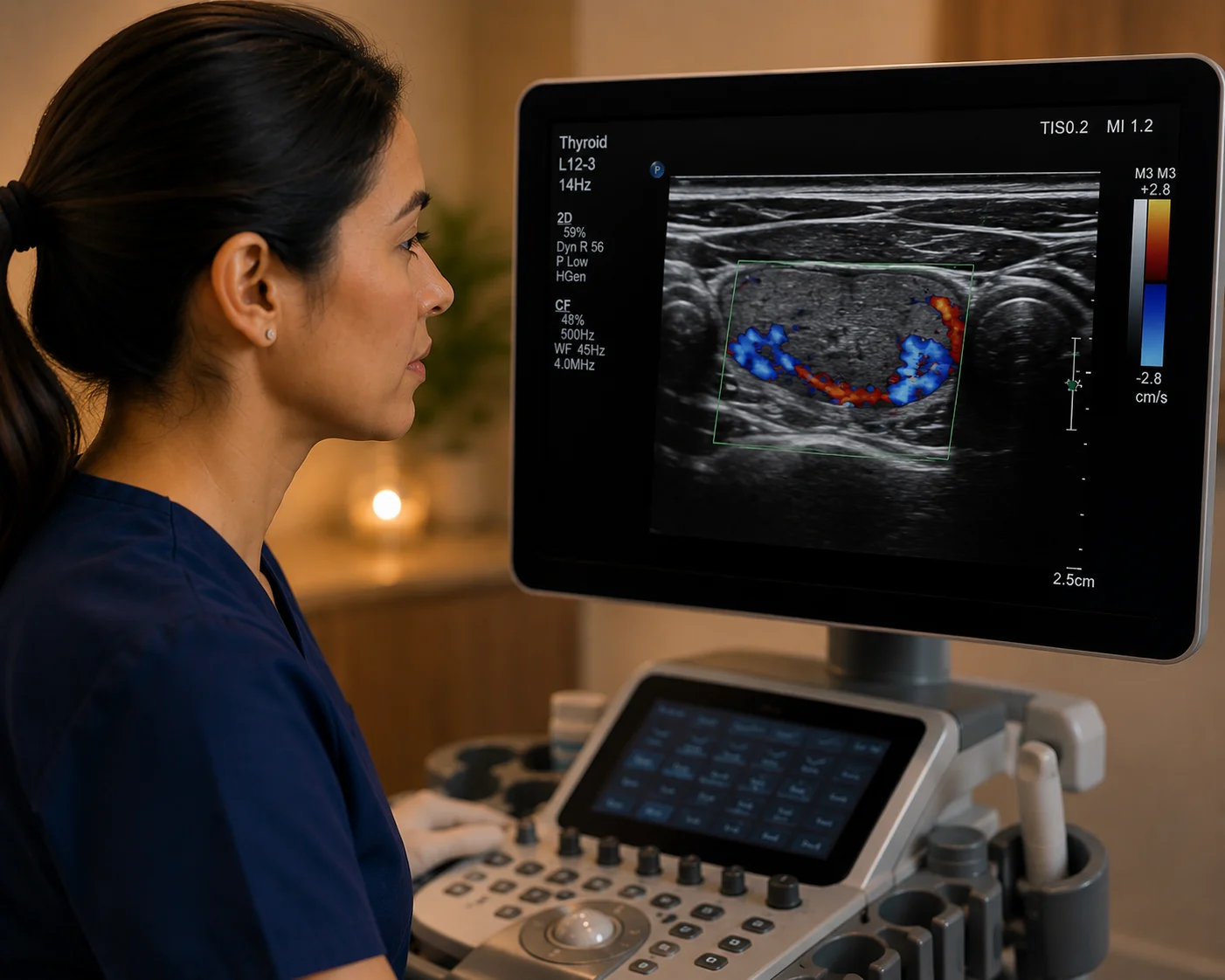 Sonographer performing a thyroid ultrasound during a Gold Standard full body scan