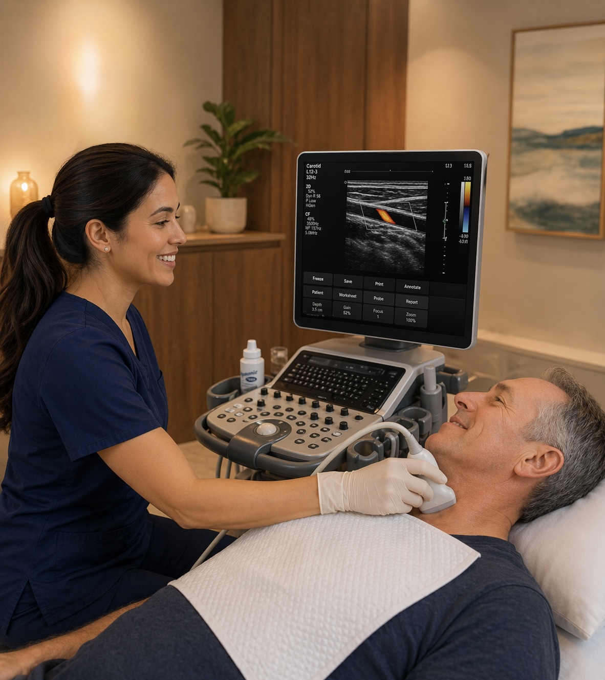 Sonographer performing a carotid ultrasound screening